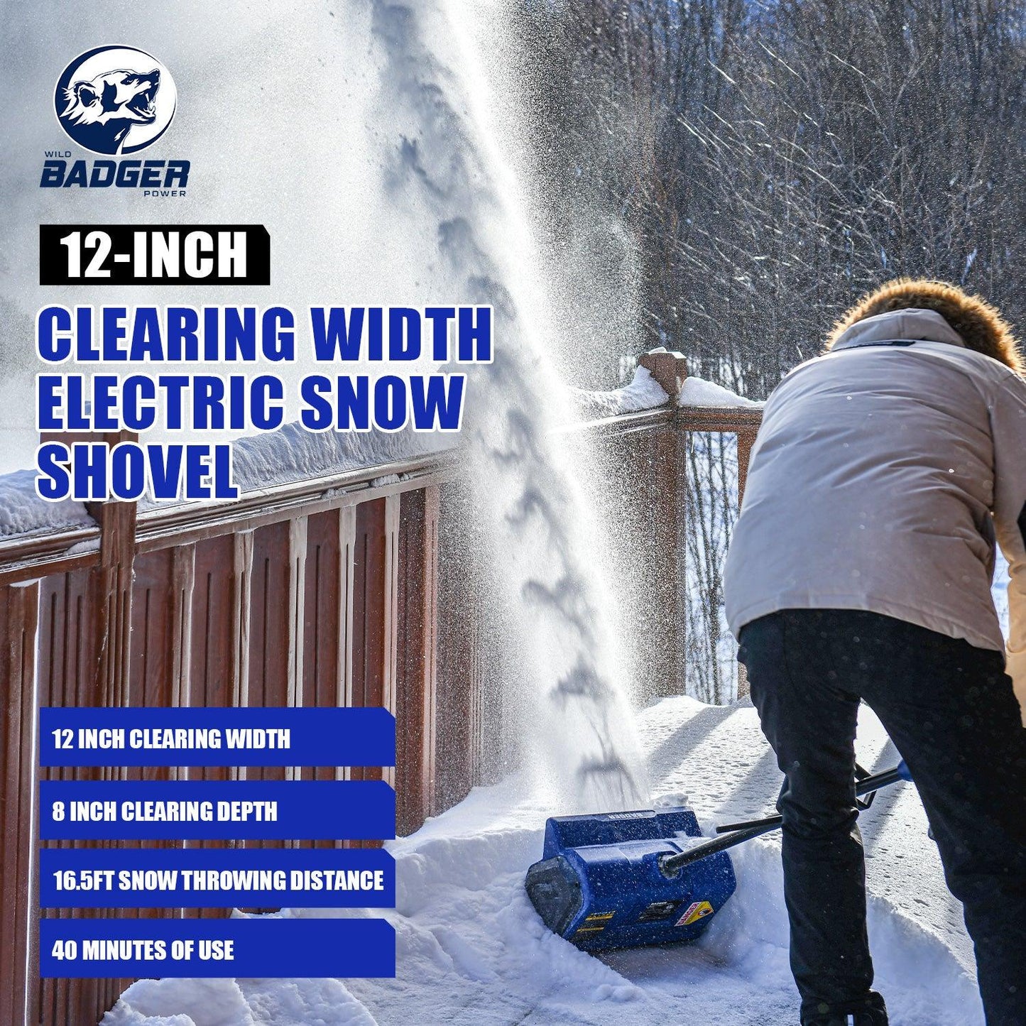 Wild Badger Powerful 40V 12 in. Cordless Electric Snow Shovel Brushless Motor & 4Ah Battery - WILD BADGER POWER