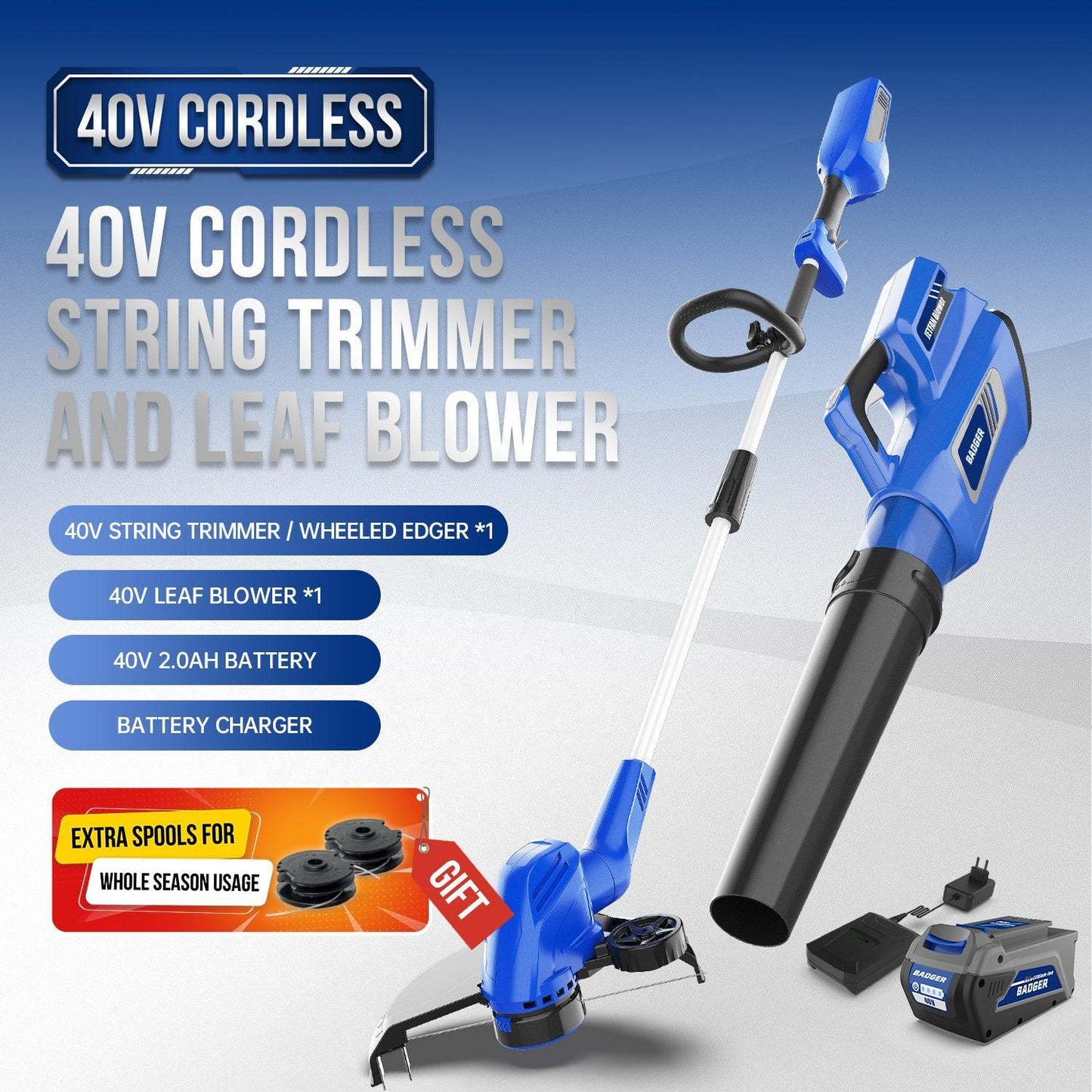 40V Electric Weed Eater & Leaf Blower & 40V 21 In Cordless Self Propelled Electric Lawn Mower Combo Kit - WILD BADGER POWER