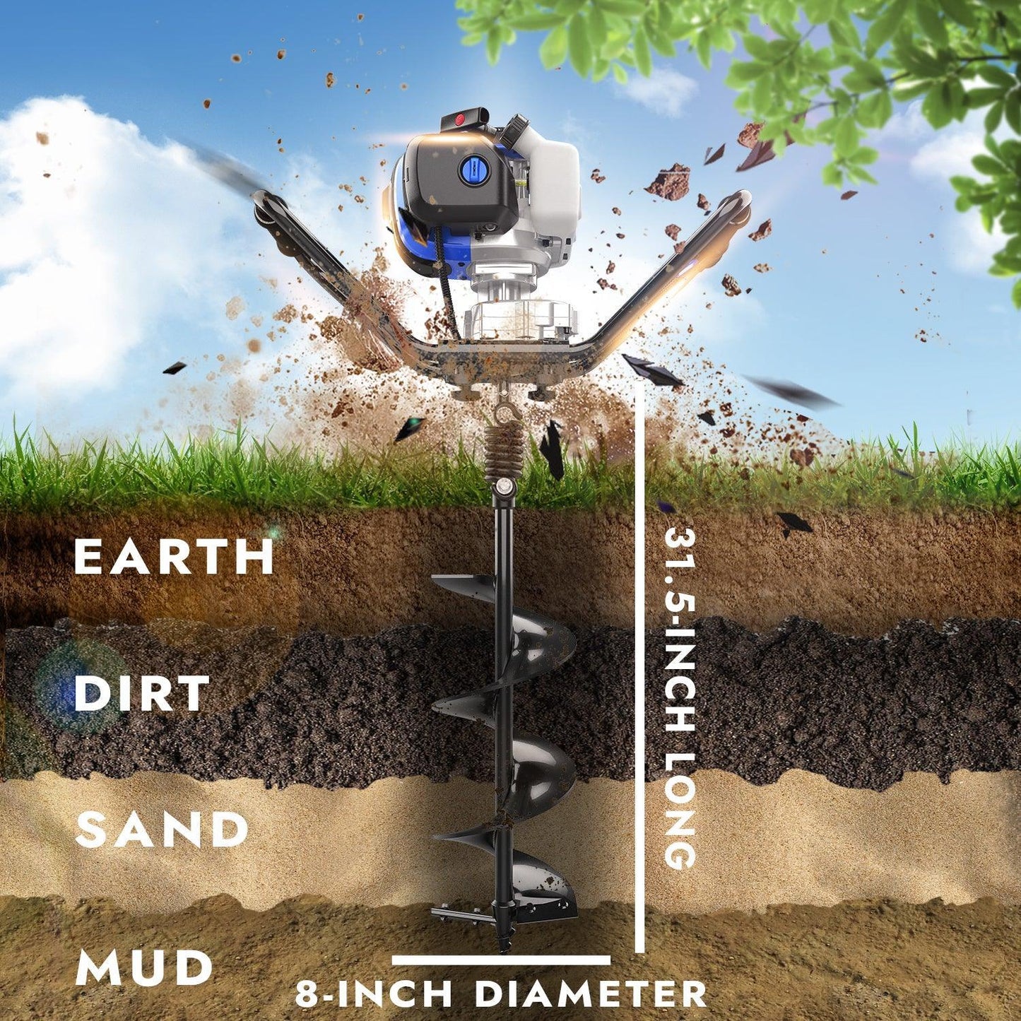 53cc 2-Cycle Post Hole Digger Gas Powered & 53cc Garden Tiller Mini Cultivator Powerful Liftable Booster Rod Tilling Tool Combo Kit - WILD BADGER POWER