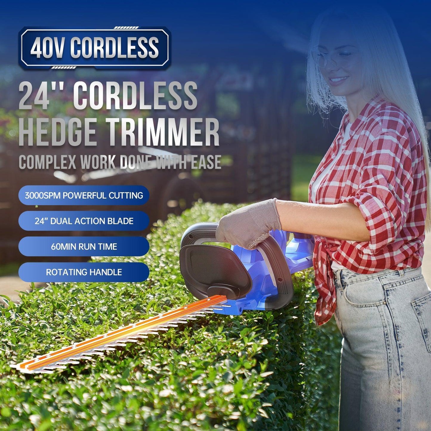 40V Hedge Trimmer Powerful Cordless Electric - WILD BADGER POWER