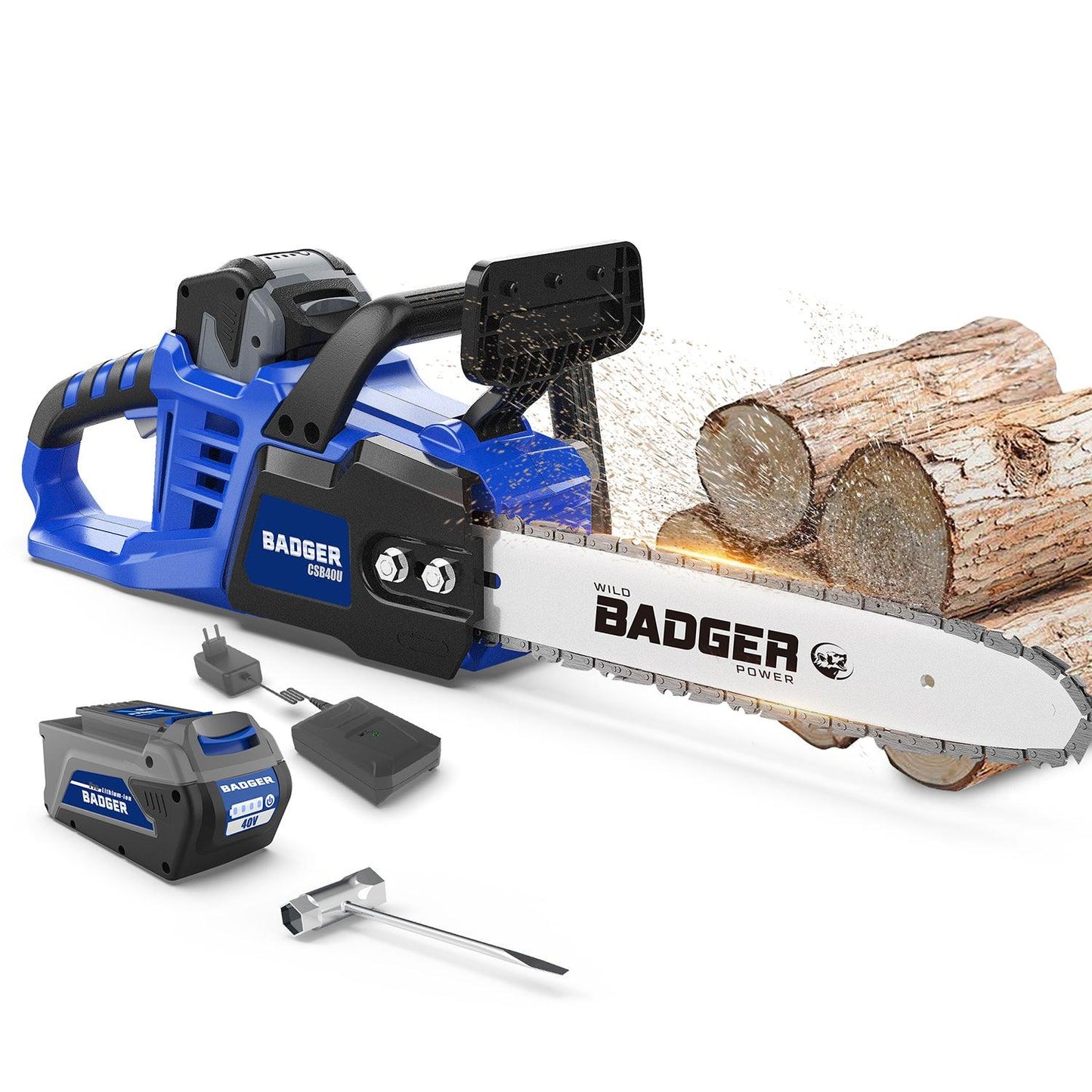 
                  
                    WILD BADGER POWER 40v 16" Cordless Electric Chainsaw Brushless, 4.0 Ah Battery & Charger, Blue
                  
                