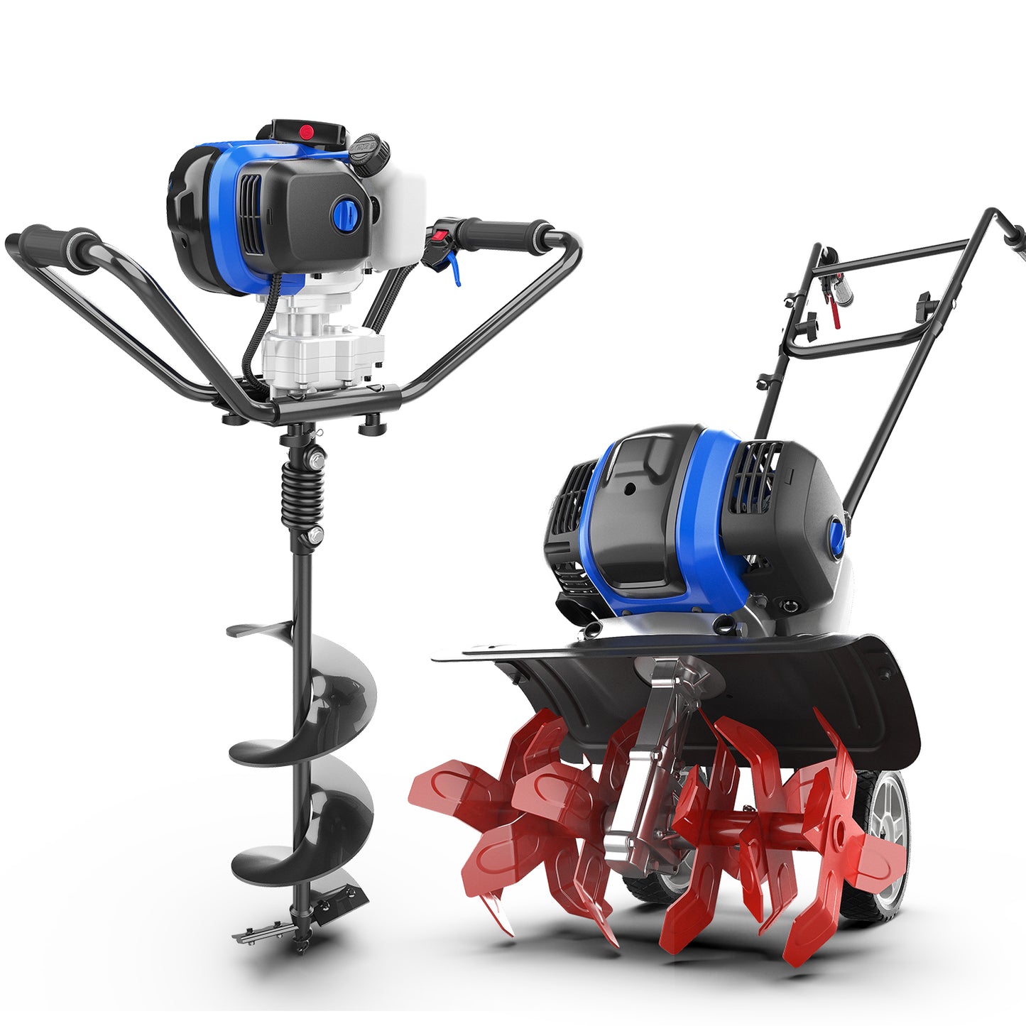 53cc 2-Cycle Post Hole Digger Gas Powered & 53cc Garden Tiller Mini Cultivator Powerful Liftable Booster Rod Tilling Tool Combo Kit - WILD BADGER POWER