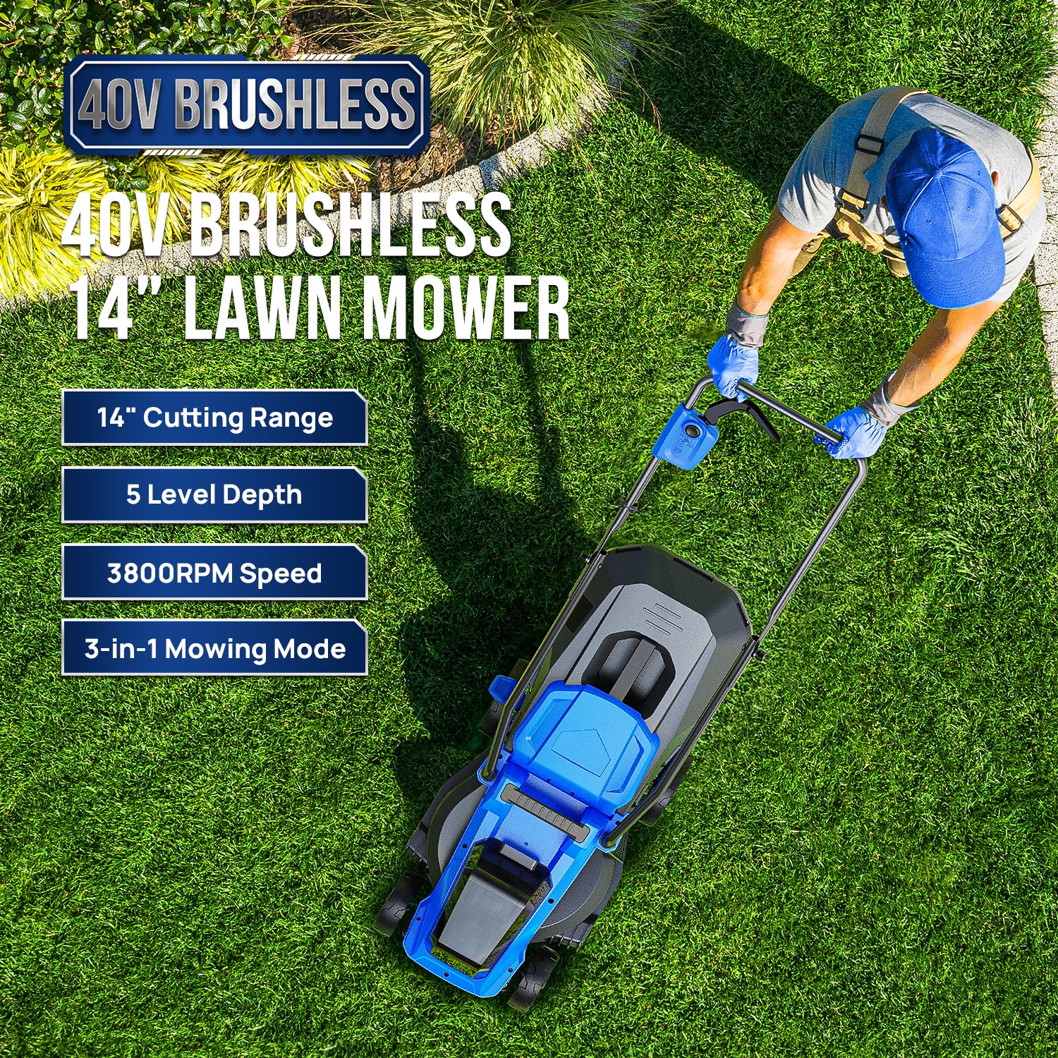 Wild Badger 40V 14In Cordless Brushless Electric Lawn Mower l 5 Height Adjustment - WILD BADGER POWER